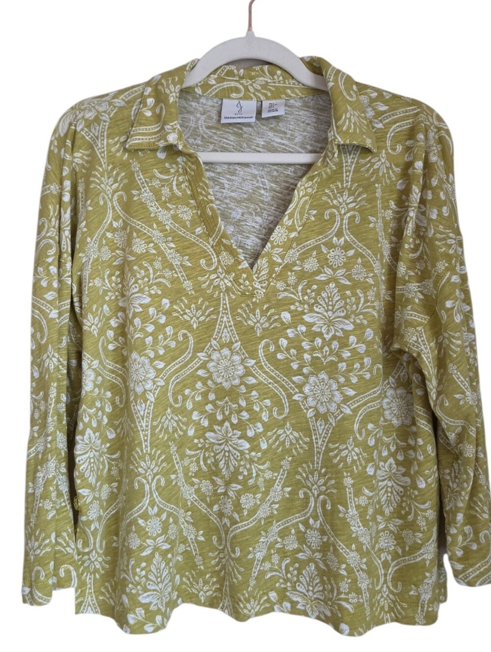 joie ornate damask print slub knit collared top linen blend size L